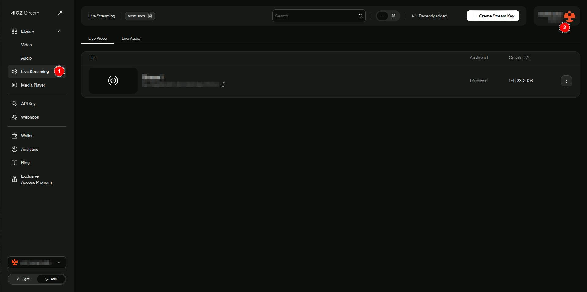 The Live Streaming Dashboard list with the Create Stream Key button.